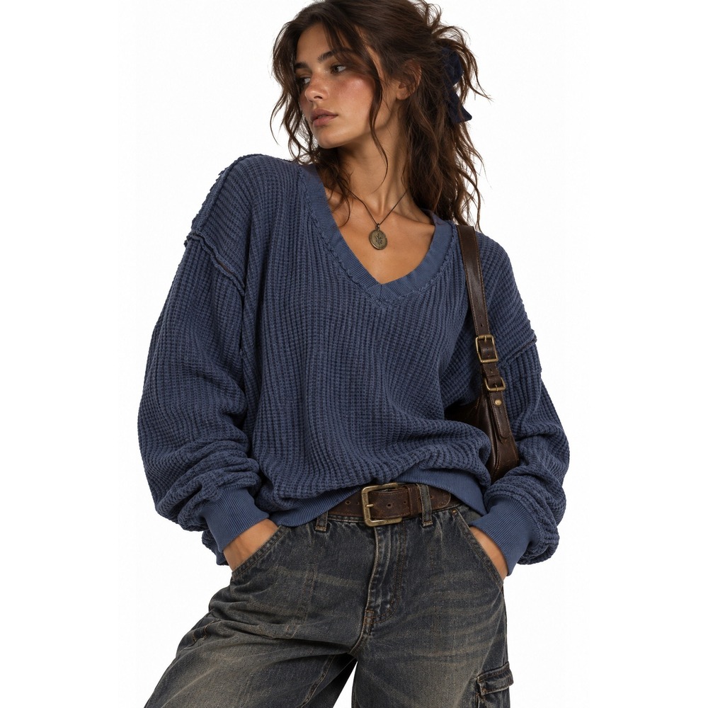 American Eagle Seriously Lived-In Waffle Knit V-Neck Sweater XS Oversized Blue